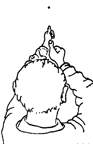 artist aligning a near and far thumb over the image of a distant spot