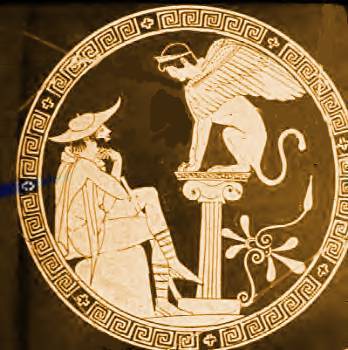 Oedipus (dressed as a traveler) confronts the Sphinx outside Thebes in this 5th century B.C. depiction on a kylix (large, shallow wine-drinking vessel).&nbsp; Vatican Museums.
