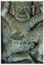 one of many great handiworks of religious mythical figures in Laos - this one is upon the exterior walls of Wat Prakaow in Vientiane