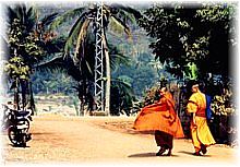 monks on a moring stroll after breakfast and the alms giving