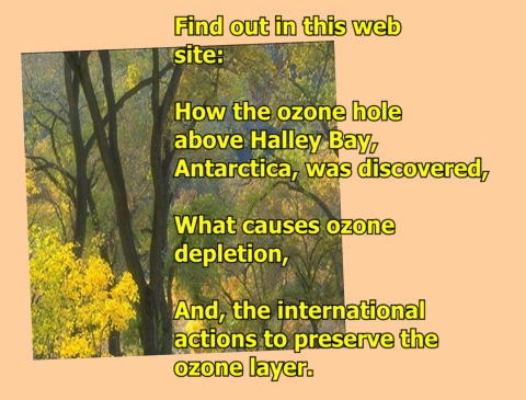 Find out in this site: (1) How the ozone hole above Halley Bay, Antarctica, was discovered; (2) What causes ozone depletion; (3) And, actions to preserve the ozone layer.