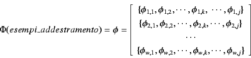 \begin{displaymath}
\Phi(esempi\_addestramento) = \phi =
\left[
\begin{array}...
...ots, \phi_{w,k}, \cdots, \phi_{w,j}} \}
\end{array} \right]
\end{displaymath}