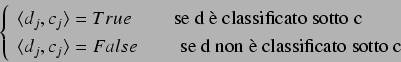 \begin{displaymath}
\left \{ \begin{array}{l}
\langle d_j, c_j \rangle = True \...
...ad $ se d non � classificato sotto c$
\end{array} \right.
\end{displaymath}