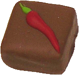 Hot chilli ganache enrobed in milk chocolate, decorated with piped chilli