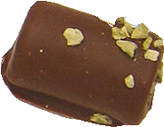 Marzipan coated in milk chocolate and decorated with crushed pistachio nuts