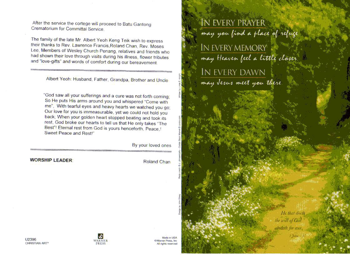 Memorial Service bulletin, front and back