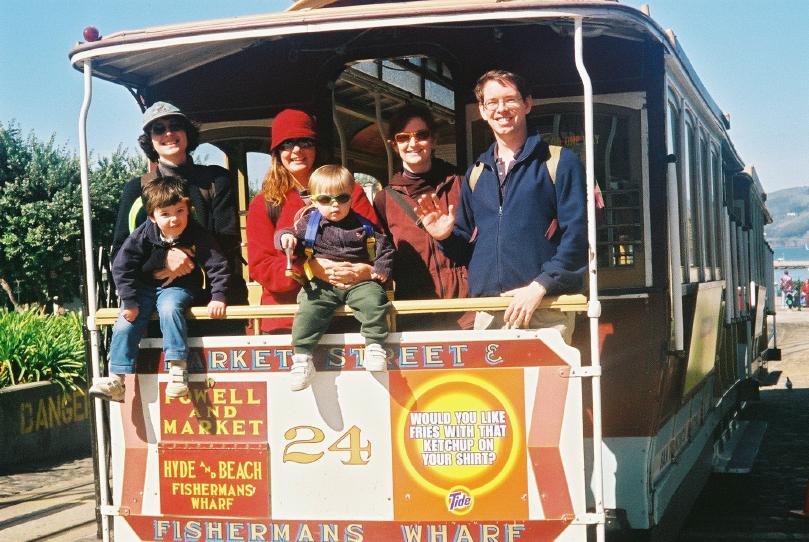 March 1; San Francisco.  Family photo on the back of a Cable Car, including aunties Robyn and Bronwyn.
