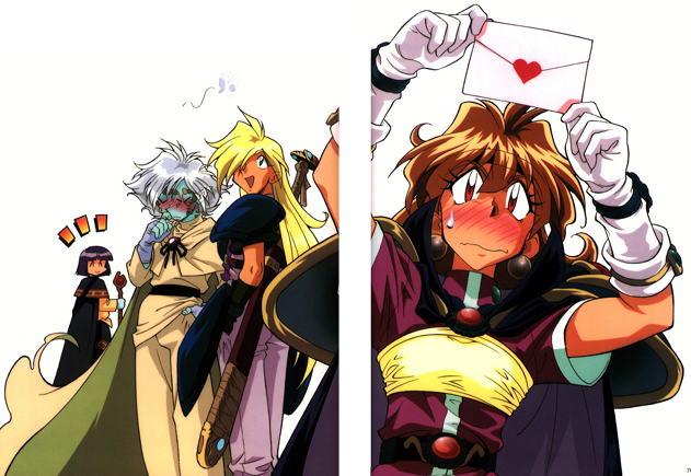 Lina's trying to figure out who wrote the love letter.&nbsp; I would guess by the blush on Zel's nose that it was him... Xelloss seems to think so, while Gourry cluelessly grins off into the distance, blissfully unaware that someone's muscling in on Lina.