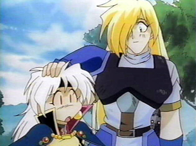 Gourry's treating Lina like a cute little kid again, even though she just saved the world (and it took a lot out of her too, hence the white hair).
