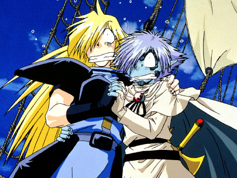 Gourry and Zel cling to each other in terror, probably of Lina.
