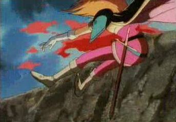 She flies through the air with the greatest of ease, I think she is spewing out her intestines.&nbsp; Kopii Rezo has just run Lina through with a spell attack.