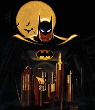 Batman hovering over Gotham City