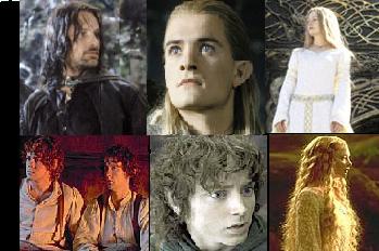 Top, left to right: Aragorn,(rowl) Legolas, Eowyn.&nbsp; Bottom left to right: Merry, Pippin, Frodo, Galadriel