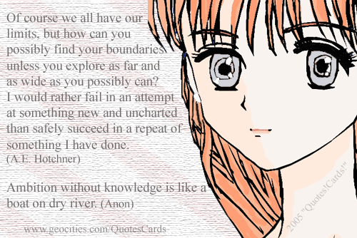 Quotes!Cards! AmbitionQuotesCard2 
Of course we all have our limits, but how can you possibly find your boundaries unless you explore as far and as wide as you can? I would rather fail in an attempt at something new and uncharted than safely succeed in a repeat of something I have done (A.L Hotehner)
Ambition without knowledge is like a boat on dry river (Anon)