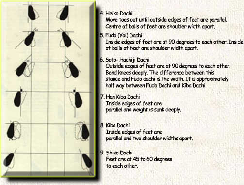 4. Heiko Dachi    Move toes out until outside edges of feet are parallel.    Centre of balls of feet are shoulder width apart.