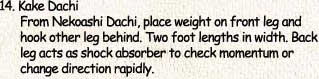 14. Kake Dachi       From Nekoashi Dachi, place weight on front leg and      hook other leg behind. Two foot lengths in width. Back      leg acts as shock absorber to check momentum or       change direction rapidly.