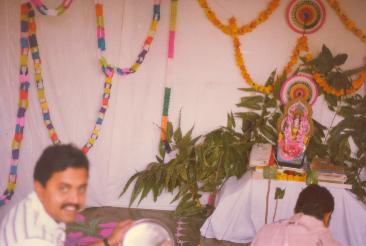 Devotees keep their books and study material at the feet of Goddess Sarawati