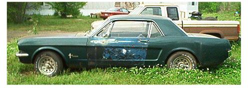66 Mustang with 6cyl. green body and wrecked on passenger side, drivable and motor runs, good interior inside.