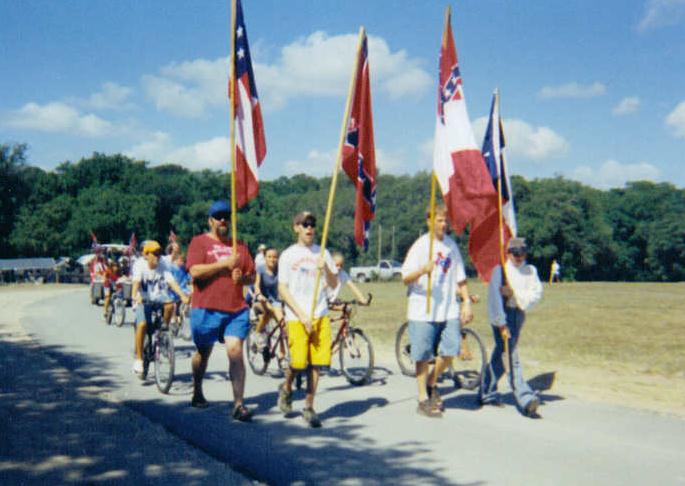 Bill [red shirt] and other flag bearers during the Children's Parade, '01