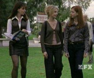 Cordelia (leather skirt - yay), Buffy, and Willow