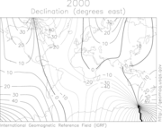 Magnetic declination from true north in 2000.