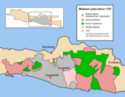 Peta pembagian Mataram setelah Perjanjian Giyanti dan didirikannya Mangkunagaran pada tahun 1757