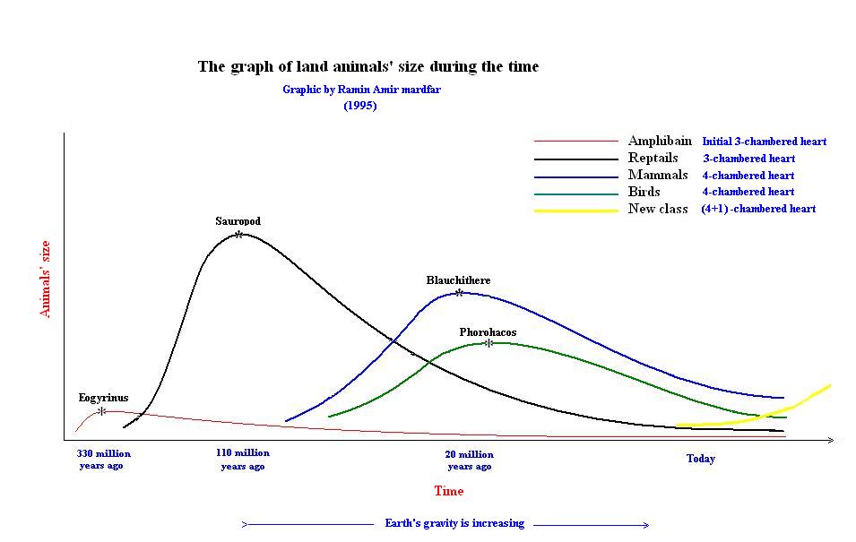 The graph of land animals' size during the time