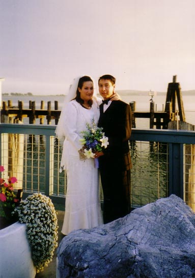 The two of us behind a pot of flowers and a whale bone