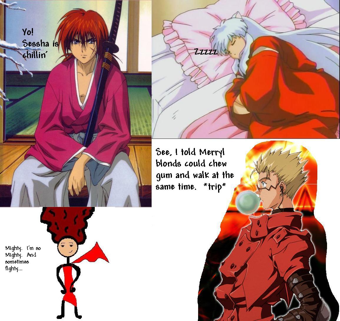 It was a day like any other.  Kenshin was hanging out, Inuyasha was catching up on his beauty rest, Vash was experimenting and Lynnsey (aka SuperHer) was doing her own thing.