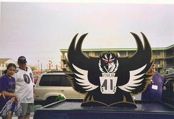 A close-up of the fearsome Ravens-mobile.