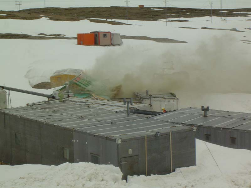 Old Carpenters Workshop Ablaze, Mawson Station, Antarctica