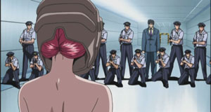 Lucy is confronted by a slew of guards in the first episode of Elfen Lied