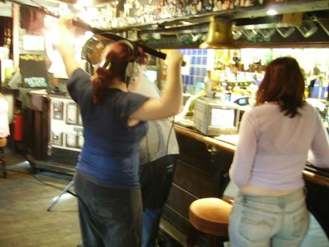9-4-06 Filming at the Barge, Grimsby. Me holding boom as Em views monitor