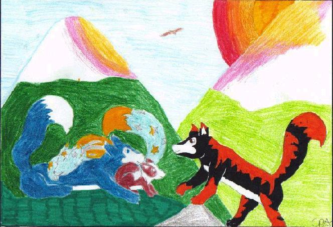 Daring pads up to wake his sister Fox_e and their cousin Storm. The three are on an exploring trip in the Wilderness Mountians, along with Fox_E's doglefox, Ranger