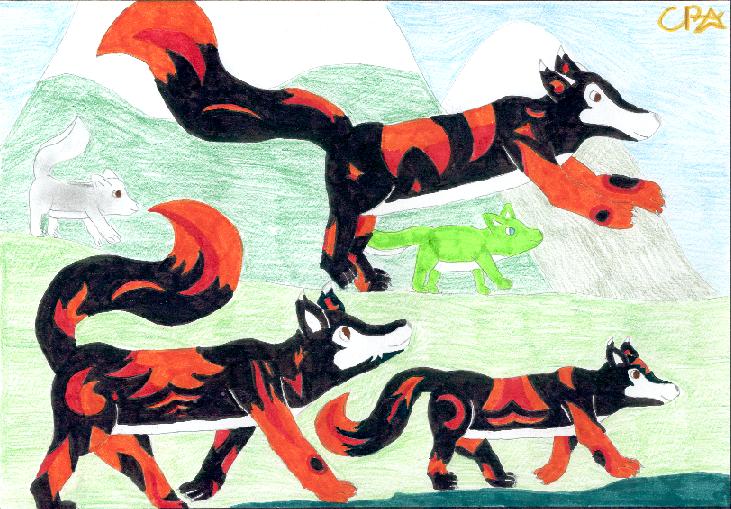 Fire Family. Bold with sister Dante and their father A_E, with Foxy ever travelling with his master