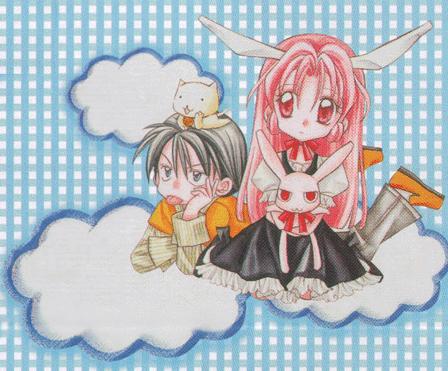 Takuto and Meroko sitting on a cloud.... And why is Takuto on Takuto's head?