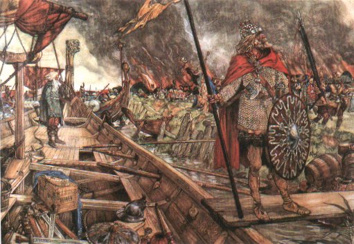 The Viking plunder of Dorestad (Dutch schoolprint by Isings)
