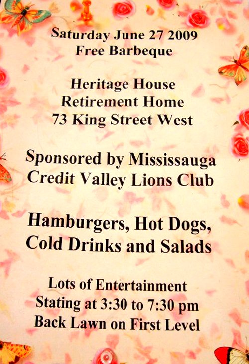 Heritage House Retirement Home Free BBQ Poster at Square One Older Adult Centre