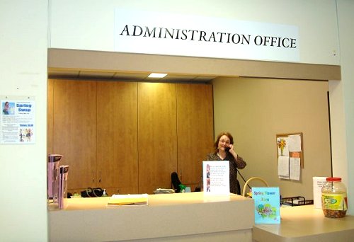Square One Older Adult Centre Administration Office, with Anne on phone 28Apr09