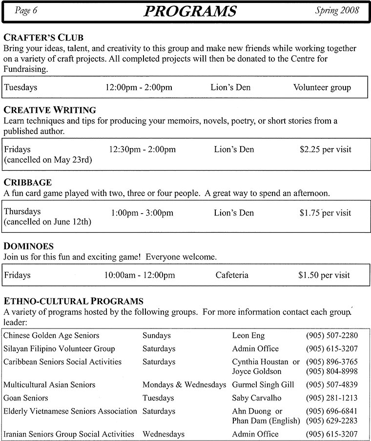 Programs - Crafter's Club, Creative Writing, Cribbage, Dominoes, Ethno-Cultural Programs - Page 6