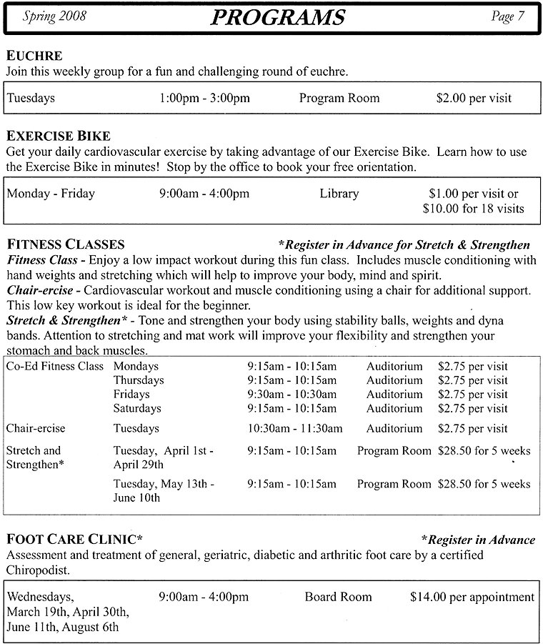 Programs - Euchre, Exercise Bike, Fitness Classes, Foot Care Clinic - Page 7