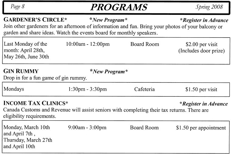 Programs - Gardener's Circle, Gin Rummy, Income Tax Clinics - Page 8