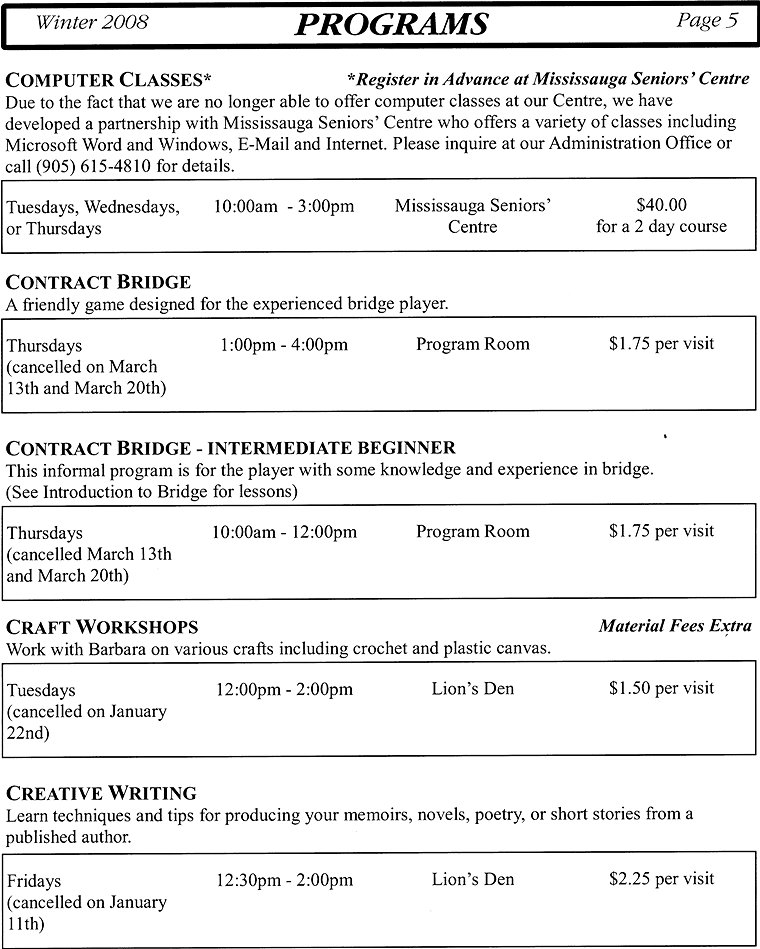 Programs - Computer Classes, Contract Bridge, Contract Bridge - Intermediate Beginner, Craft Workshops, Creative Writing - Page 5