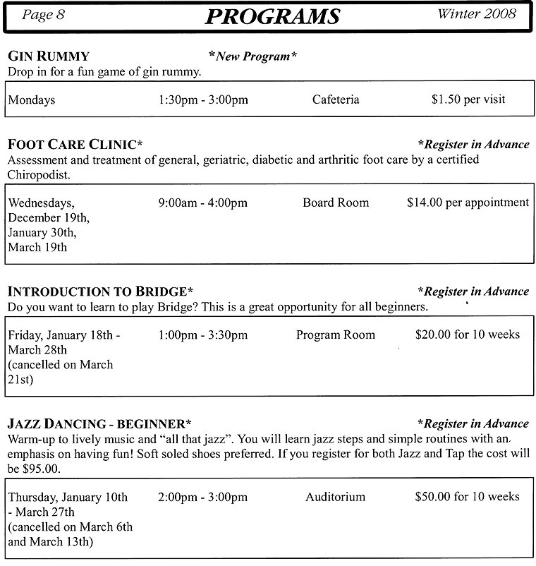 Programs - Gin Rummy, Foot Care Clinic, Introduction to Bridge, Jazz Dancing - Beginner - Page 8