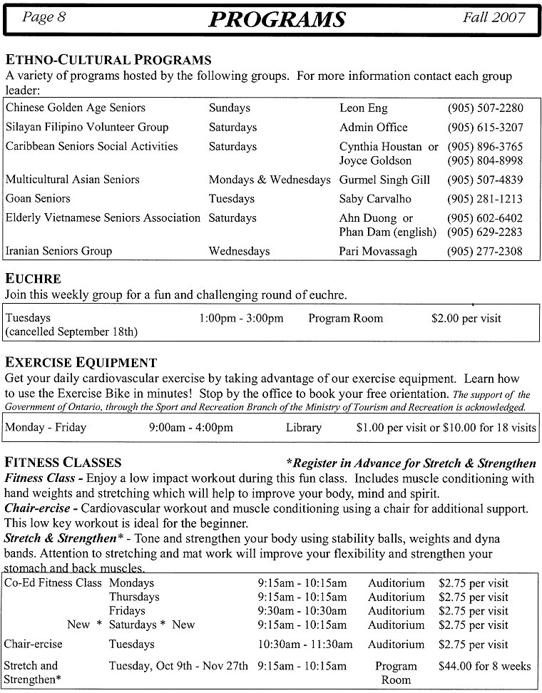 Programs - Ethno-Cultural Programs, Euchre, Exercise Equipment, Fitness Classes - Page 8