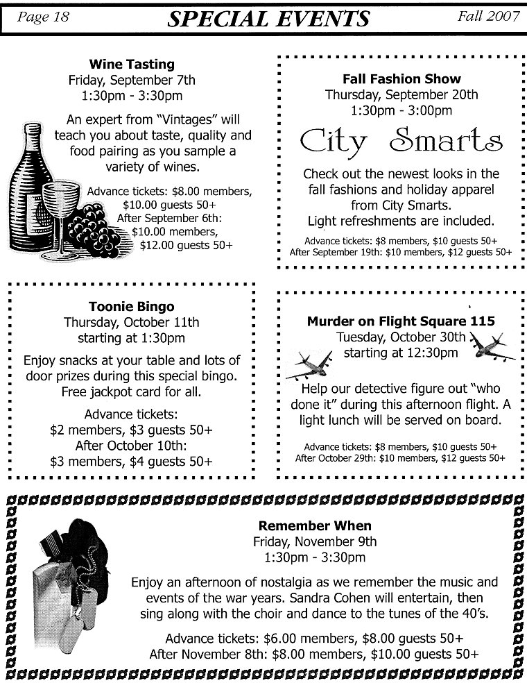 SPECIAL EVENTS 1 - Wine Tasting, Fall Fashion Show: City Smarts, Toonie Bingo, Murder on Flight Square 115, Remember When