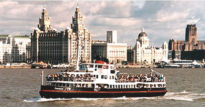 Liverpool waterfront with the ferry, three graces and Cathedral in background