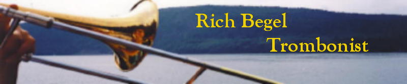 Rich Begel's banner, trombone being played near water and hills