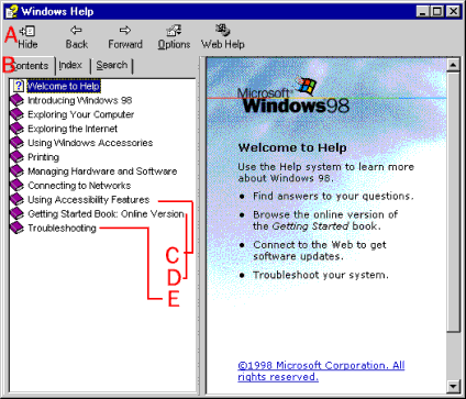 Windows 98 Help Window