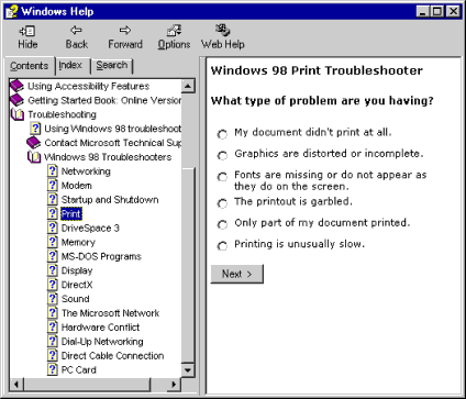 Windows 98 Help Window